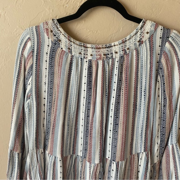 Altar’d State Striped Embellished Bell Sleeve Blouse Top Tie Neck Large Boho - Picture 4 of 13